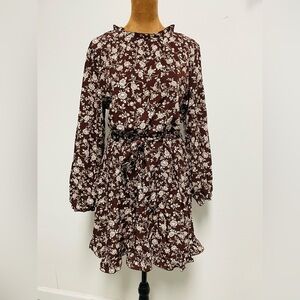 Cupshe Brown Floral Long Sleeve Dress, Size Small, Mini Dress